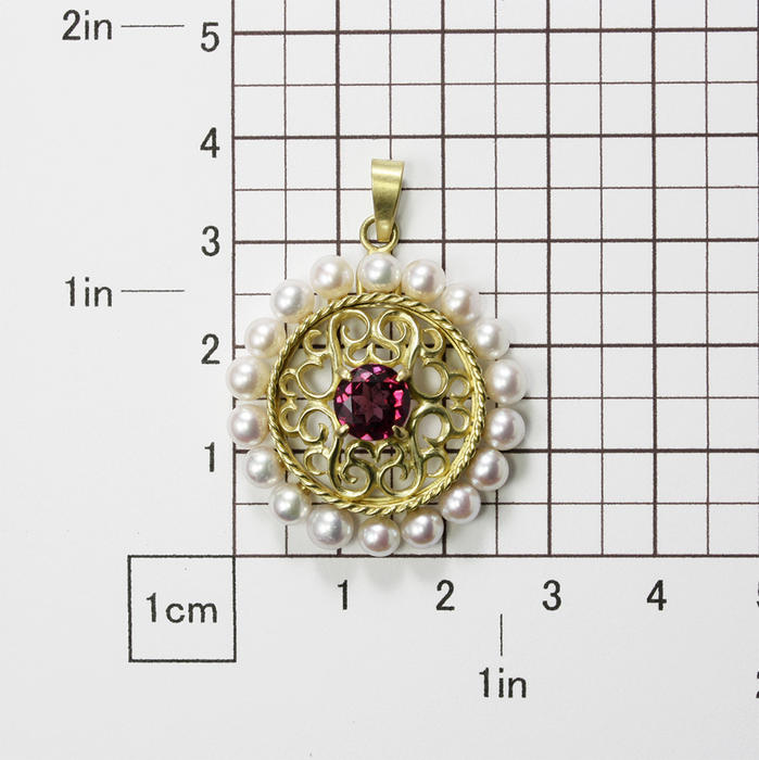 Art Nouveau style pendant, gold pendant, garnet and akoya round pendant