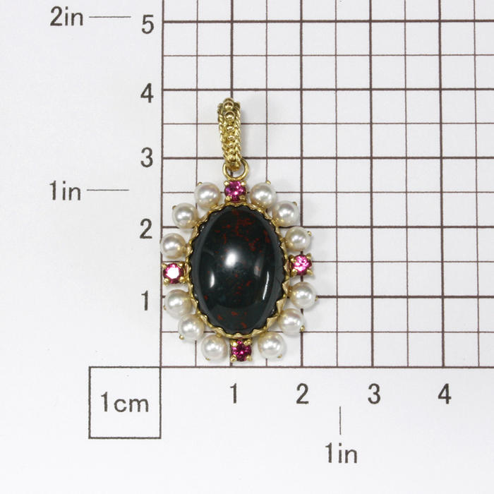 Bloodstone, rubellite tourmaline, and akoya pearl 18K yellow gold pendant