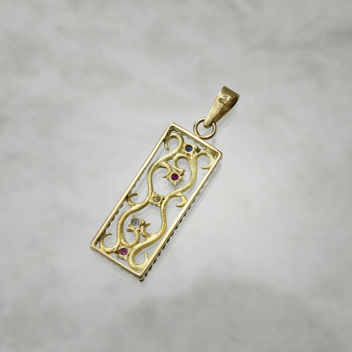 Yellow gold pendant, scrolls openwork pendant, diamond and sapphire pendant, rec