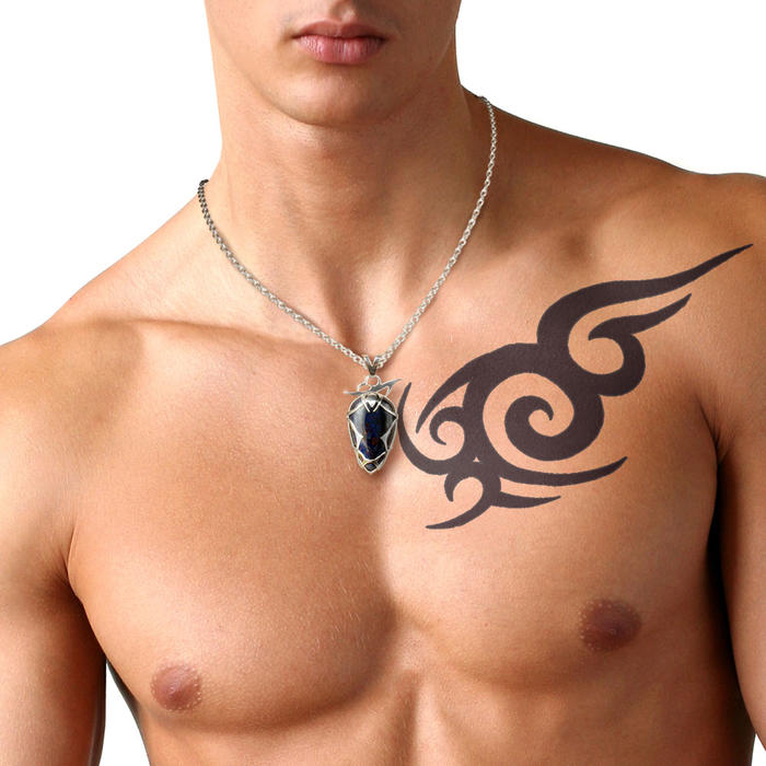 Azurite tribal tattoo silver pendant necklace