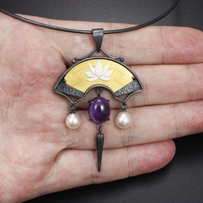 Amethyst and lotus gold Keum Boo silver pendant