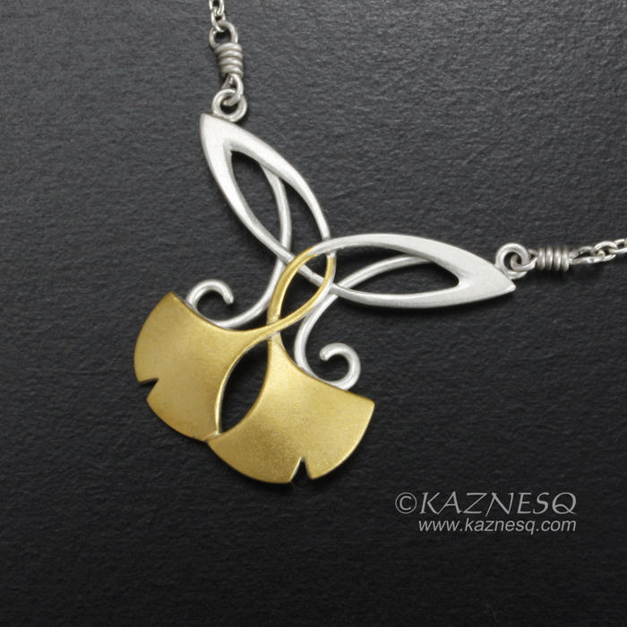 (C) KAZNESQ: Art Nouveau style gold Keum Boo ginkgo silver necklace