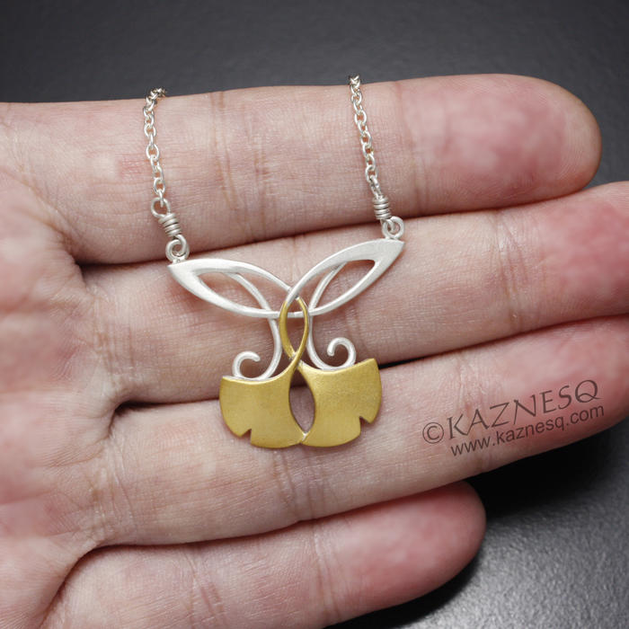 (C) KAZNESQ: Art Nouveau style gold Keum Boo ginkgo silver necklace