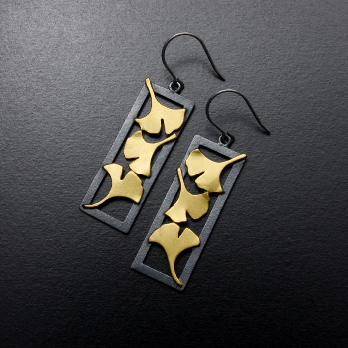 Art Deco oxidized silver Ginkgo earrings with gold Keum Boo