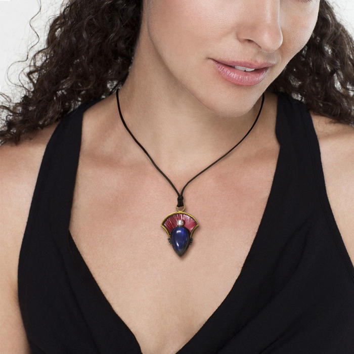 Blue labradorite and Jpanese red copper patina called Hido pendant necklace