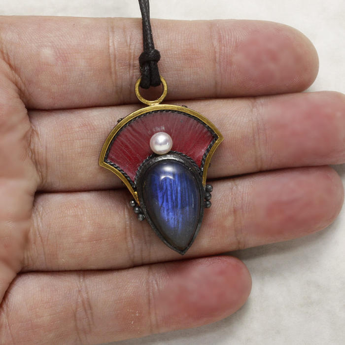 Blue labradorite and Jpanese red copper patina called Hido pendant necklace