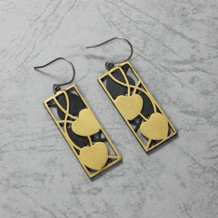 Art Nouveau gold leaf earrings of oxidized silver and Keum Boo