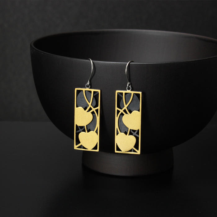 Art Nouveau gold leaf earrings of oxidized silver and Keum Boo