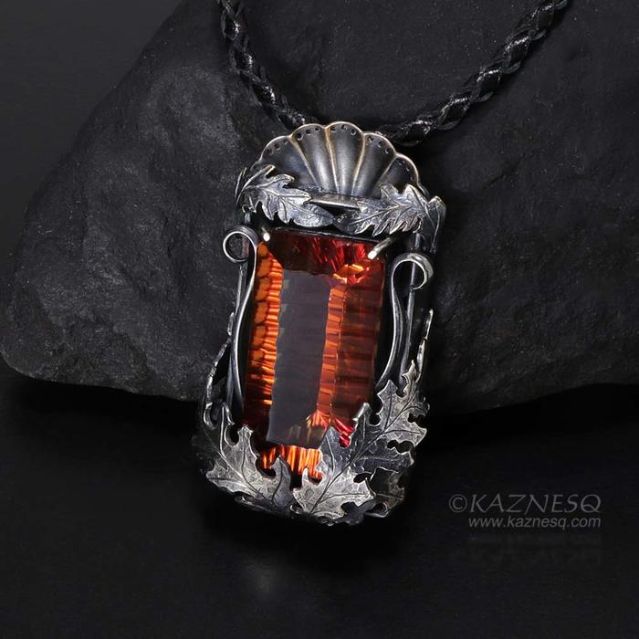 Orange mystique quartz goth oxidized silver pendant necklace