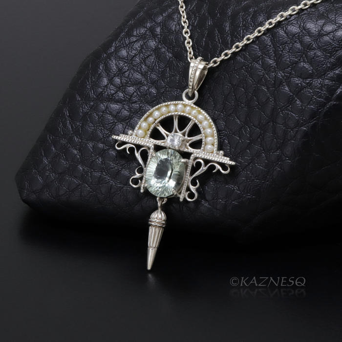 (C) KAZNESQ: Art Deco style Green Amethyst and white sapphire Arch shape Silver