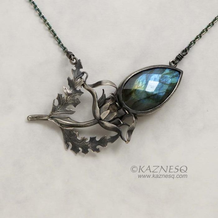 Labradorite thistle motif oxidized silver necklace, nature inspired Goth necklac
