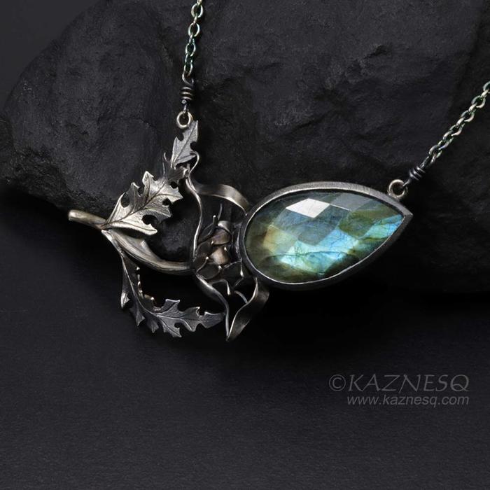 Labradorite thistle motif oxidized silver necklace, nature inspired Goth necklac