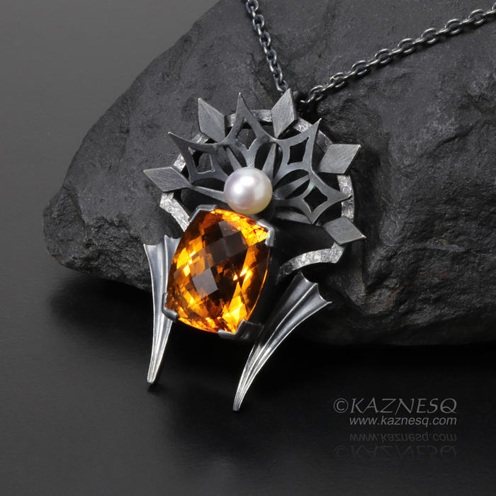High quality citrine oxidized silver goth pendant necklace with a grayish akoya