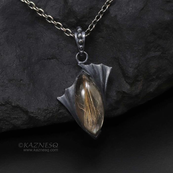 Rutilated quartz and black mother of pearl oxidized silver goth pendant necklace