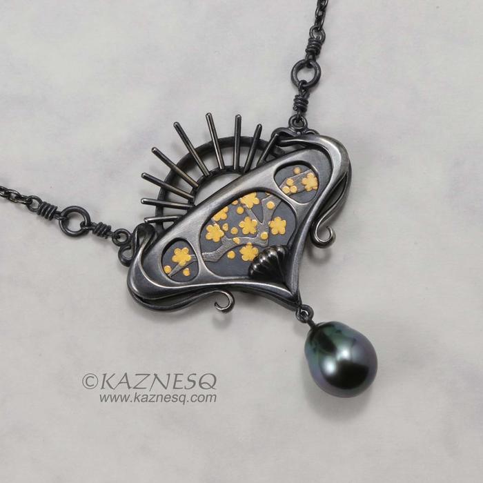 Art Nouveau style Keum Boo picture and black baroque pearl oxidized silver penda