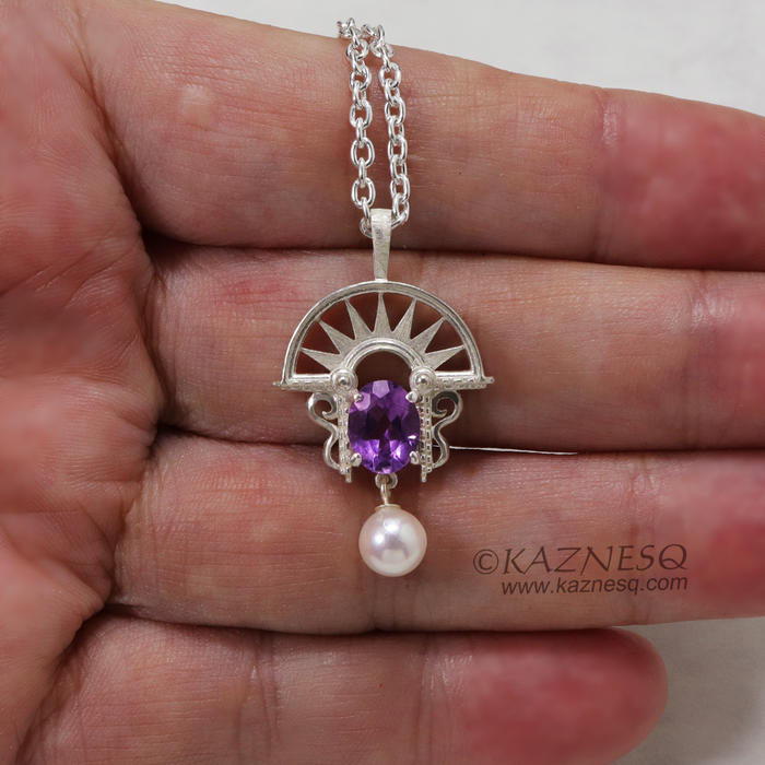 Art Deco style amethyst and akoya sterling silver pendant necklace
