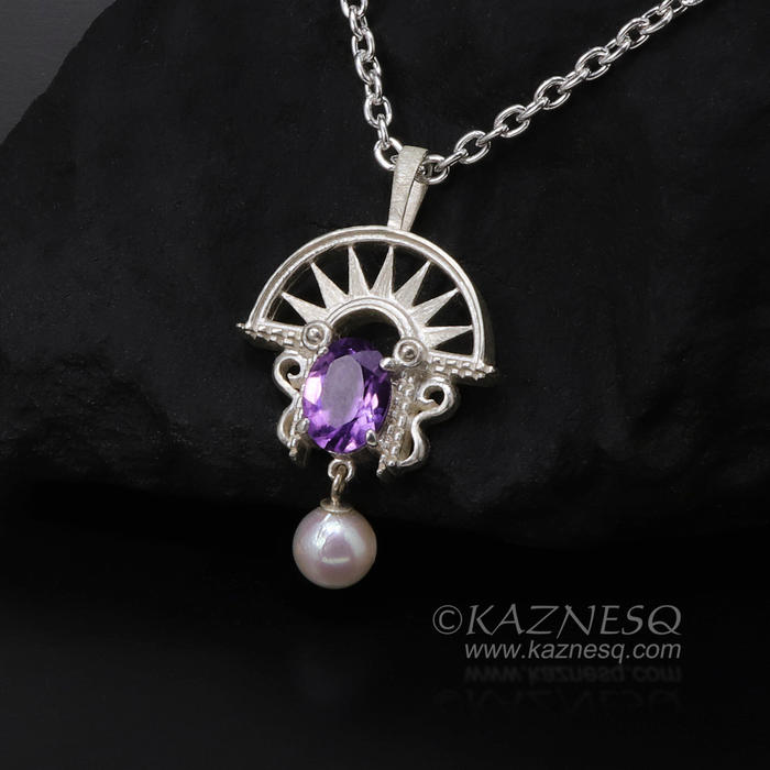Art Deco style amethyst and akoya sterling silver pendant necklace