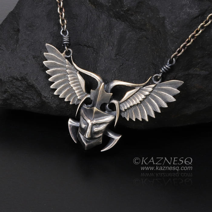Angel winged demon oxidized silver pendant necklace