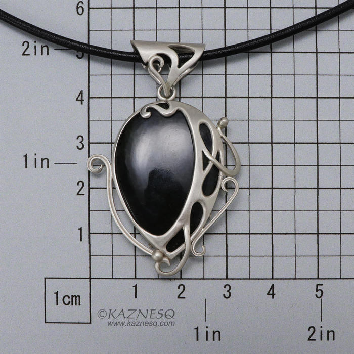 Velvet obsidian Art Nouveau style silver pendant necklace