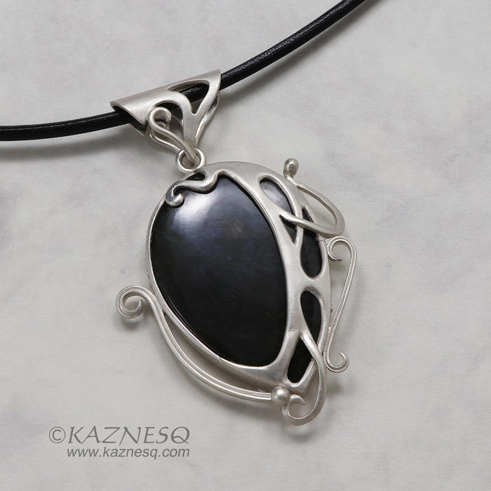 Velvet obsidian Art Nouveau style silver pendant necklace
