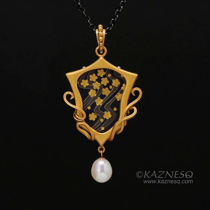 Art Nouveau style water pattern and blossoms Keum Boo gold tone silver pendant n