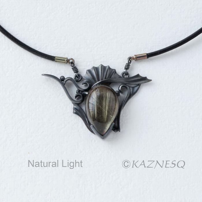 (C) KAZNESQ: Rutilated quartz oxidized silver Goth necklace