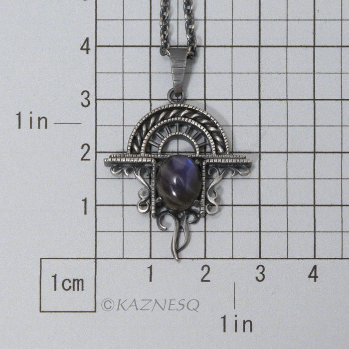 (C)KAZNESQ:Blue labradorite cab oxidized silver Goth look arch pendant necklace