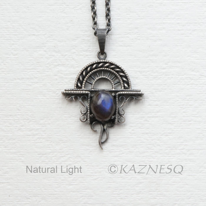 (C)KAZNESQ:Blue labradorite cab oxidized silver Goth look arch pendant necklace