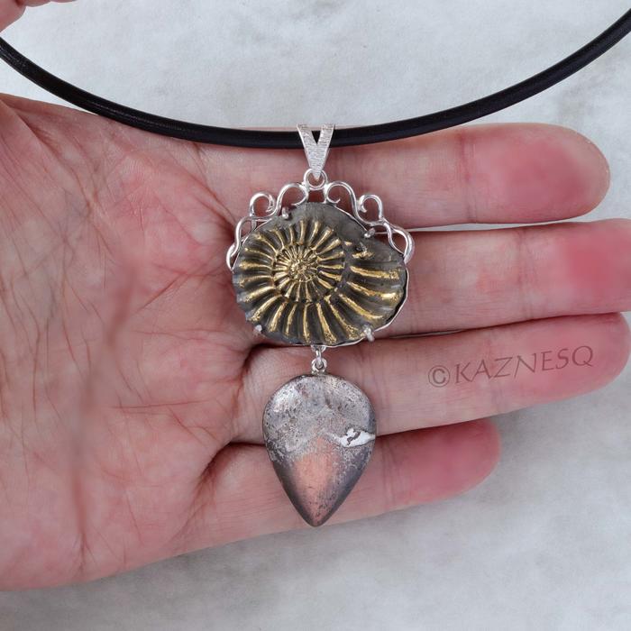 (C) KAZNESQ: Ammonite fossil pyrite silver pendant necklace