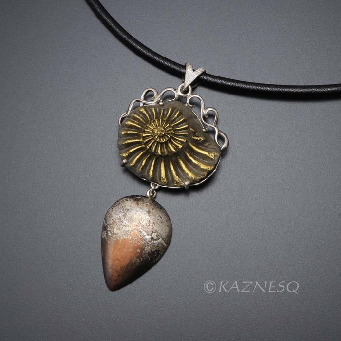 (C) KAZNESQ: Ammonite fossil pyrite silver pendant necklace