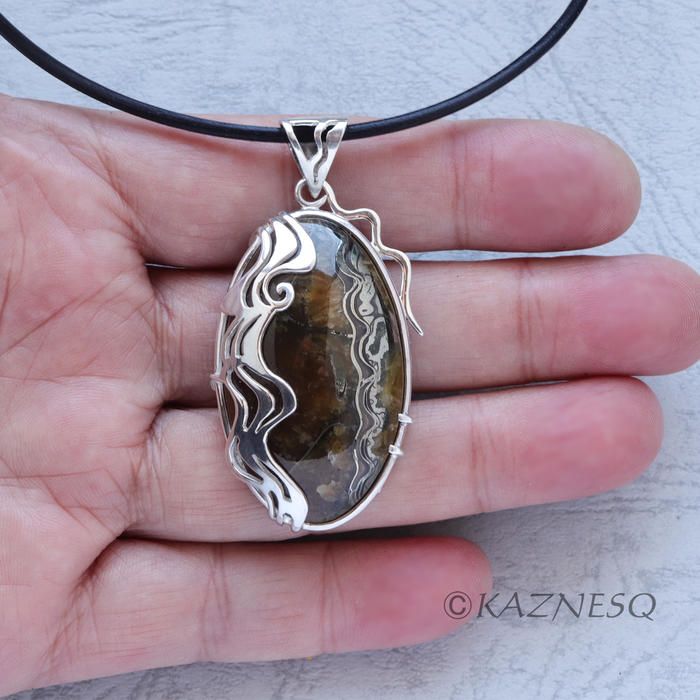 Ammonite Simbircite with silver pyrite water pattern silver pendant ...