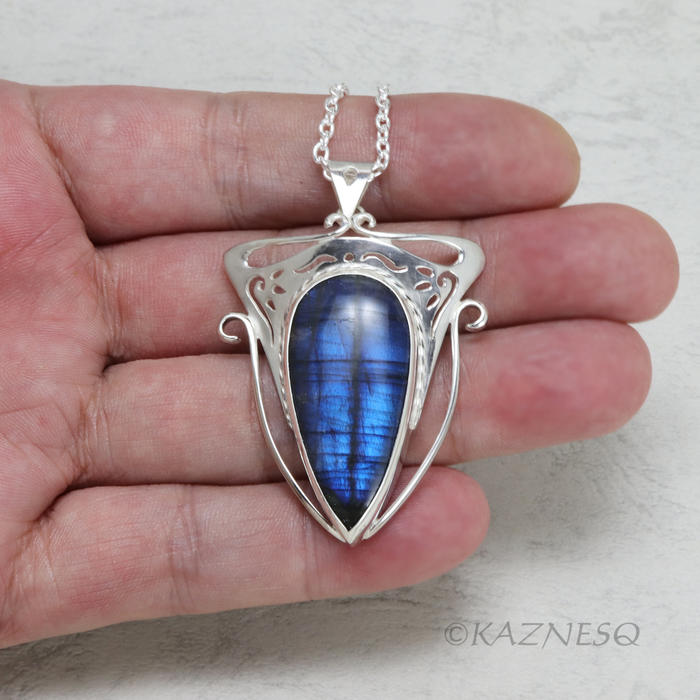 (C) KAZNESQ: Blue labradorite Art Nouveau style silver pendant necklace.