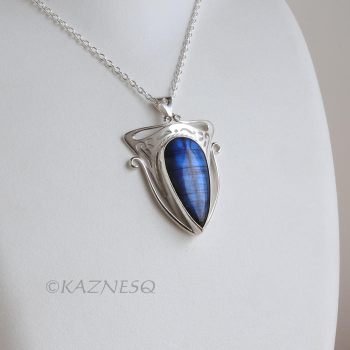 (C) KAZNESQ: Blue labradorite Art Nouveau style silver pendant necklace.