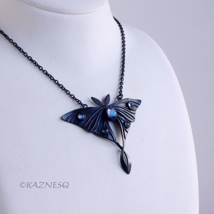 (C) KAZNESQ: Moon moth motif oxidized silver and Royal blue moonstone pendant