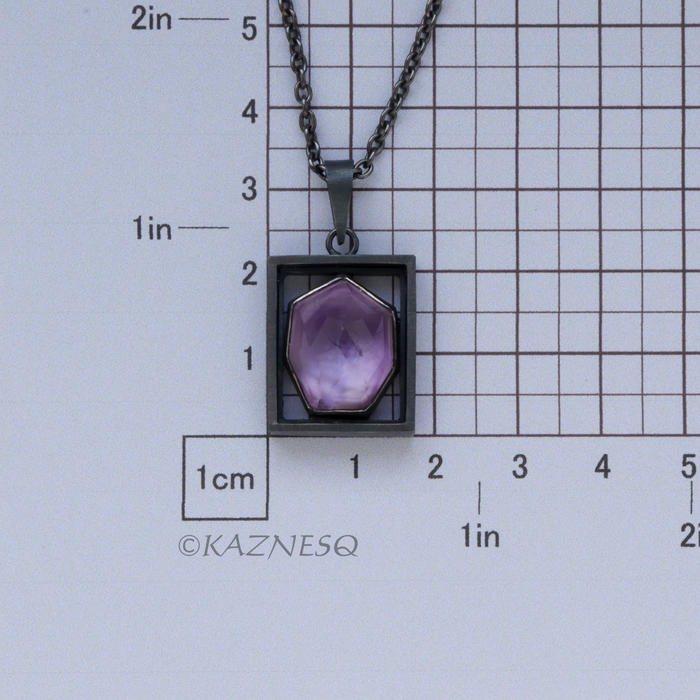 (C) KAZNESQ: Amethyst Mother of pearl oxidized silver rectangle pendant necklace