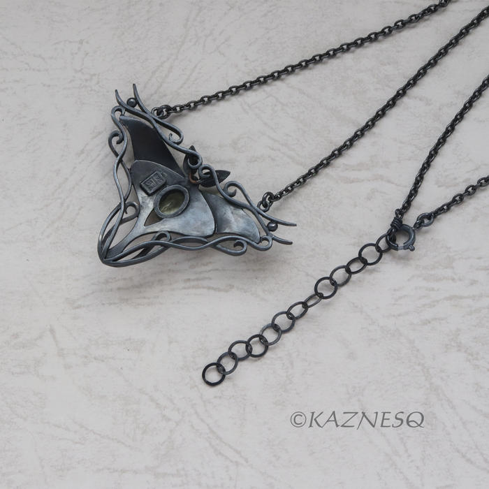 (C) KAZNESQ: Moon Moth colored silver pendant necklace with green quartz.