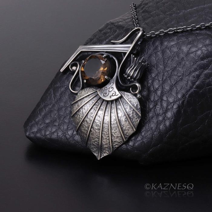 (C) KAZNESQ: Goth style Leaf and Bud motif Smoky Quartz Oxidized Silver Pendant