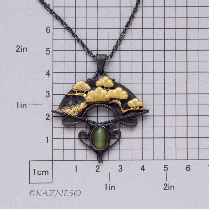 (C) KAZNESQ: Fan shape Pine Tree motif oxidized silver pendant necklace featurin