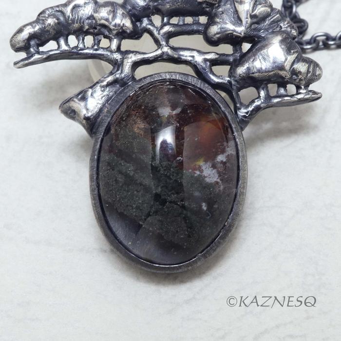 (C) KAZNESQ: Moss Agate Bonsai Pine Tree motif Oxidized Silver Pendant Necklace