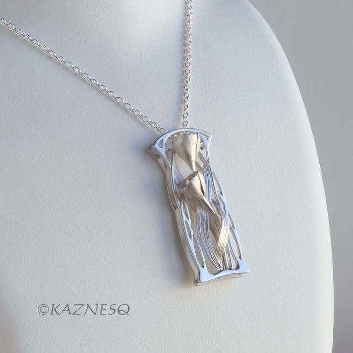 (C) KAZNESQ: Art Nouveau style mat finish silver floral pendant necklace with Ak