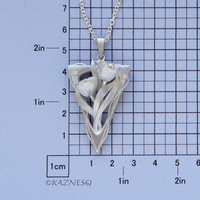 (C) KAZNESQ: Art Nouveau style Floral triangle silver pendant with Akoya Pearls.