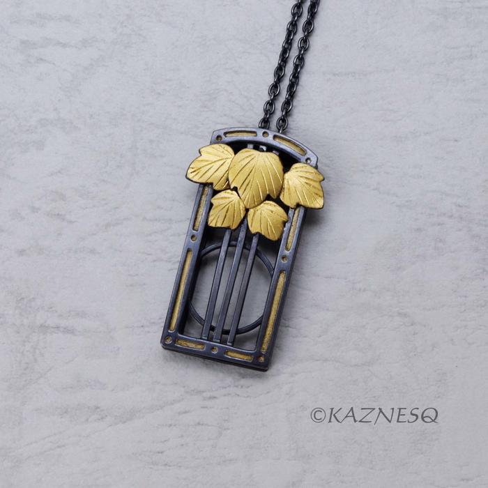 (C) KAZNESQ: Art Deco Style Leaf Motif Oxidized Silver Pendant Necklace with Keu