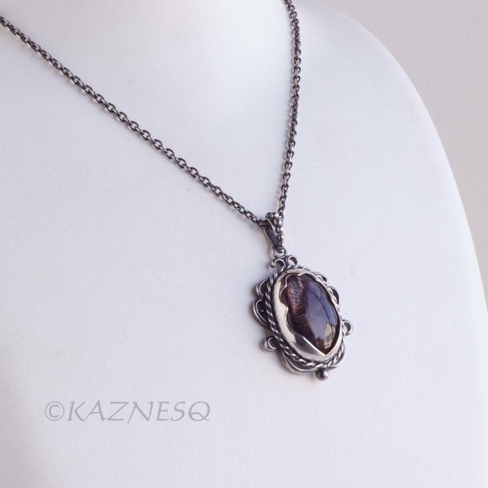 (C) KAZNESQ: Iolite Sunstone oxidized silver filigree and scrolls pendant neckla