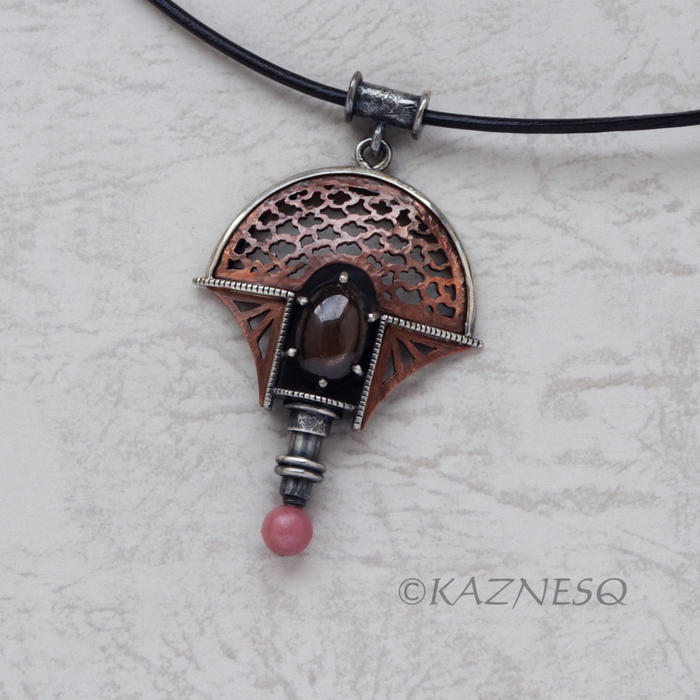 (C) KAZNESQ: Lucky Cloud pattern Copper and Oxidized Silver Pendant with a Black