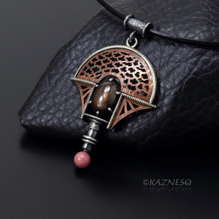 (C) KAZNESQ: Lucky Cloud pattern Copper and Oxidized Silver Pendant with a Black