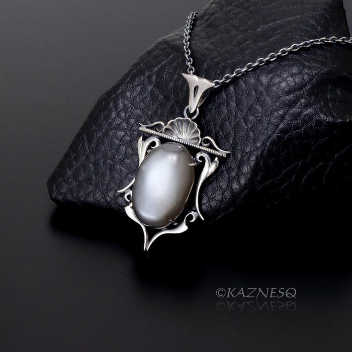 (C) KAZNESQ: African Moonstone Goth style Oxidized Silver Pendant Necklace