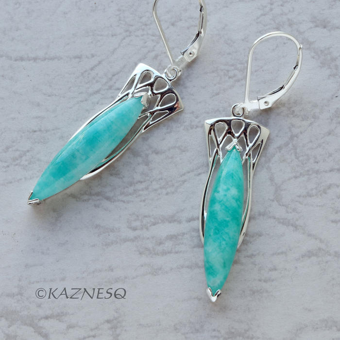 (C) KAZNESQ: Art Nouveau style Amazonite Silver Drop Earrings