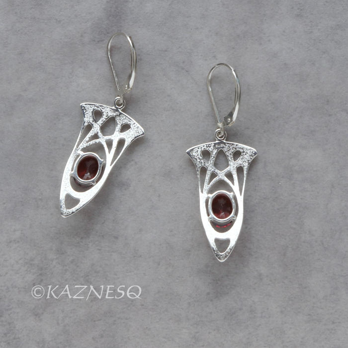 (C) KAZNESQ: Art Nouveau style Silver Earrings with garnets, lever back wires