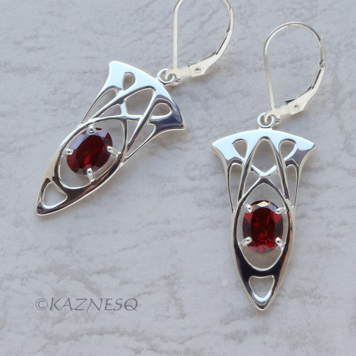 (C) KAZNESQ: Art Nouveau style Silver Earrings with garnets, lever back wires