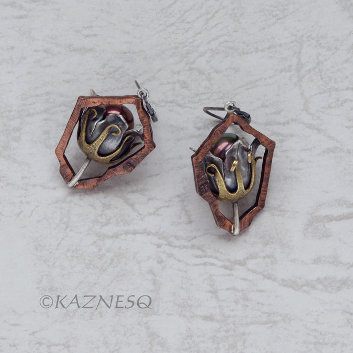 (C) KAZNESQ: Wild Seed Pod Earrings of Silver Copper and Freshwater Pearls